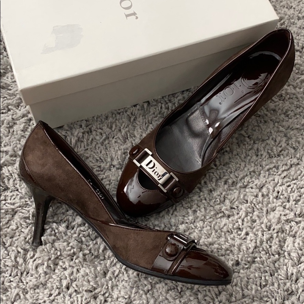Christian Dior Chocolate Brown Suede Logo Pumps